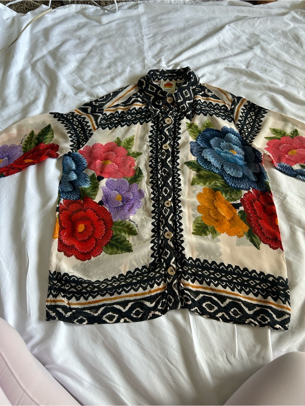 FARM Rio Cream Button-Up Blouse with Black, Blue & Red Floral Print - Picture 2 of 2